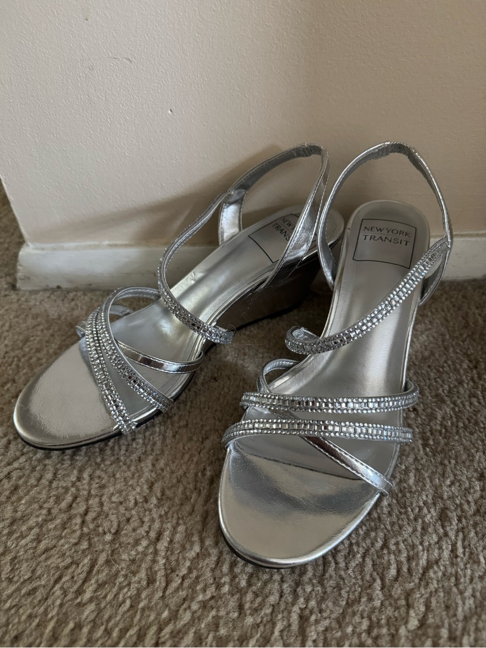 New York Transit Metallic Silver Rhinestone Slingback Wedge Sandals - 2 in wedge
